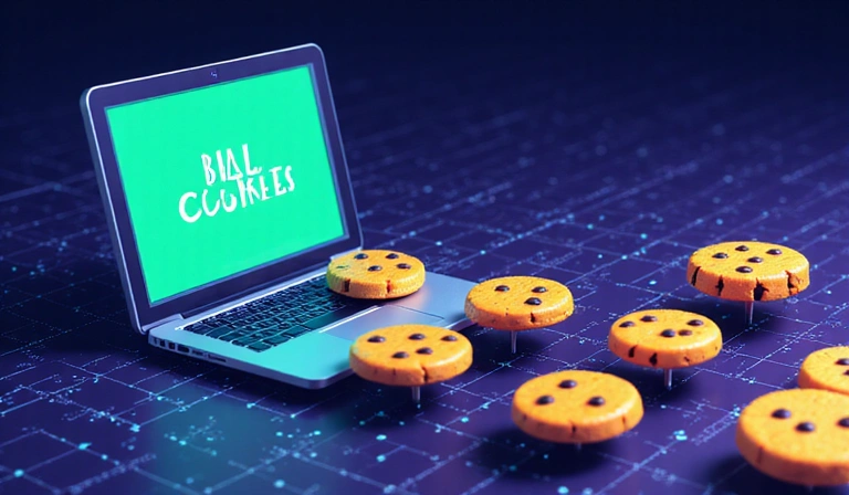 Illustration de cookies numériques voyageant à travers le web vers un ordinateur