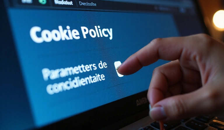 Une main cliquant sur un bouton 'Paramètres de confidentialité' sur un écran d'ordinateur, symbolisant le contrôle des cookies