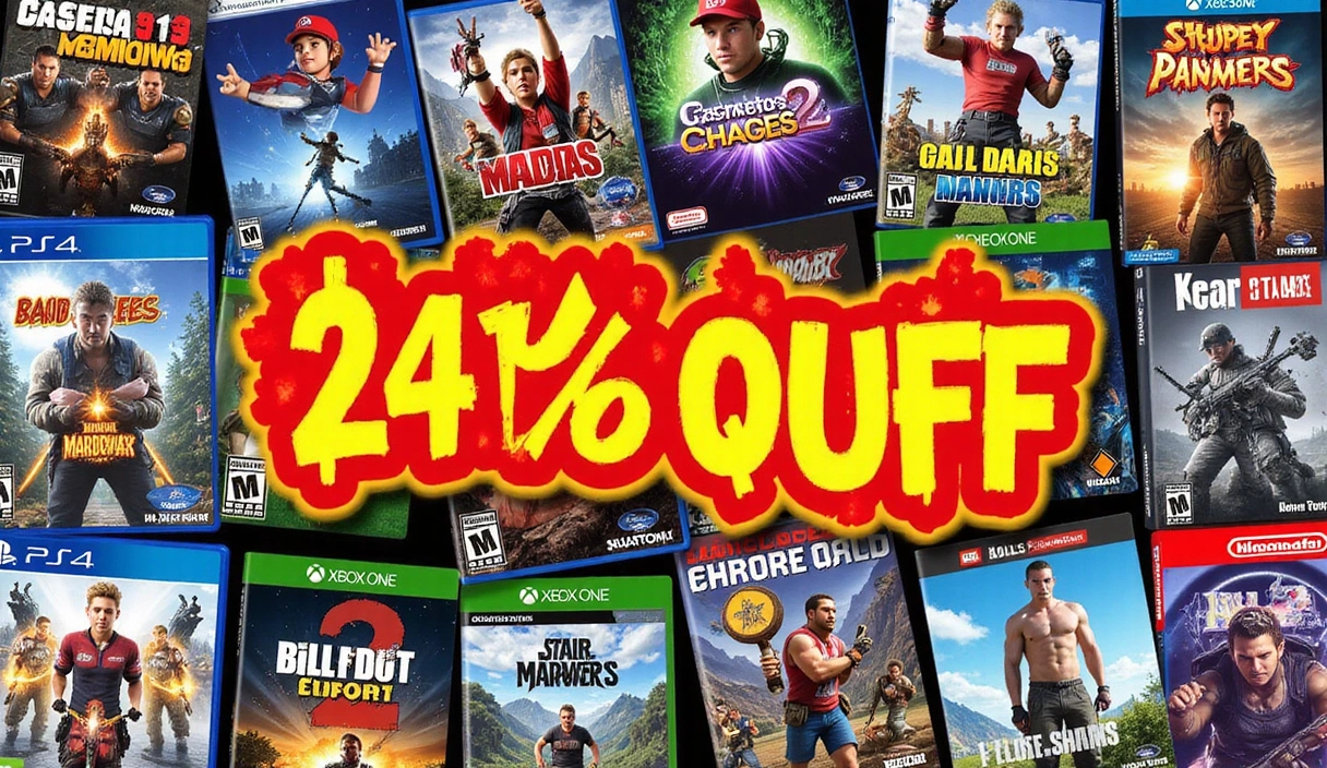Image illustrative de diverses offres de jeux vidéo avec des icônes de réduction