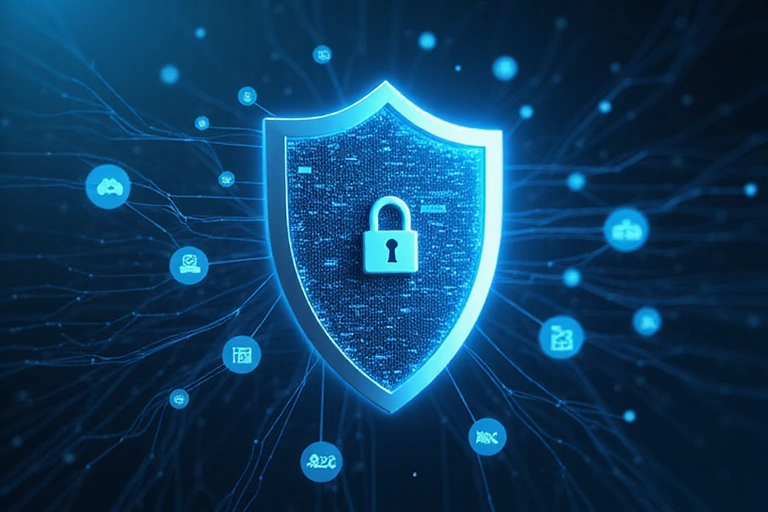Illustration d'un bouclier numérique protégeant des données, symbolisant la sécurité